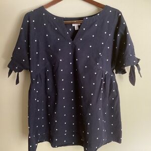 Isabela Maternity Top Blue With White Poka Dots and Knotted Sleeve XXL